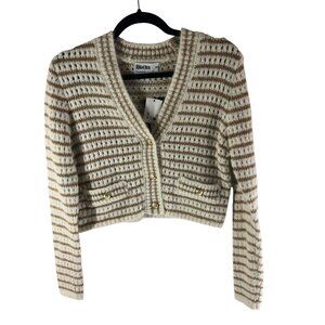 Rita Ora Primark Cardigan Sweater Open Knit Wool Blend Metallic Gold Ivory XS